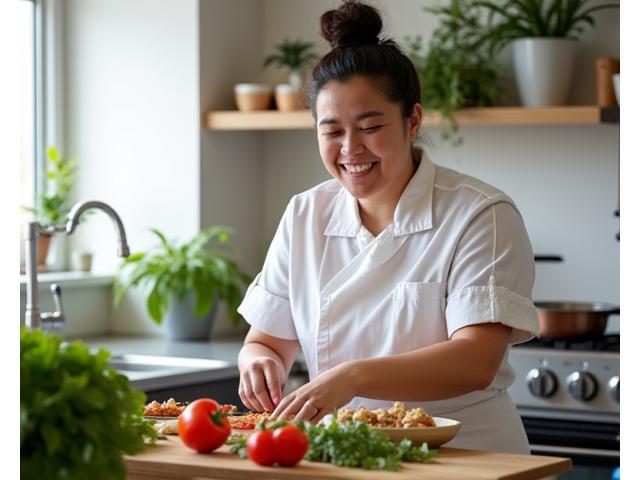Founder of Spice & Stir SG explaining concepts in a modern kitchen, with fresh ingredients on display.