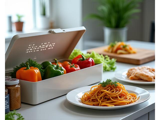 An open recipe box overflowing with fresh vegetables, spices, and a ready-to-cook meal kit, with a beautifully plated dish in the background.