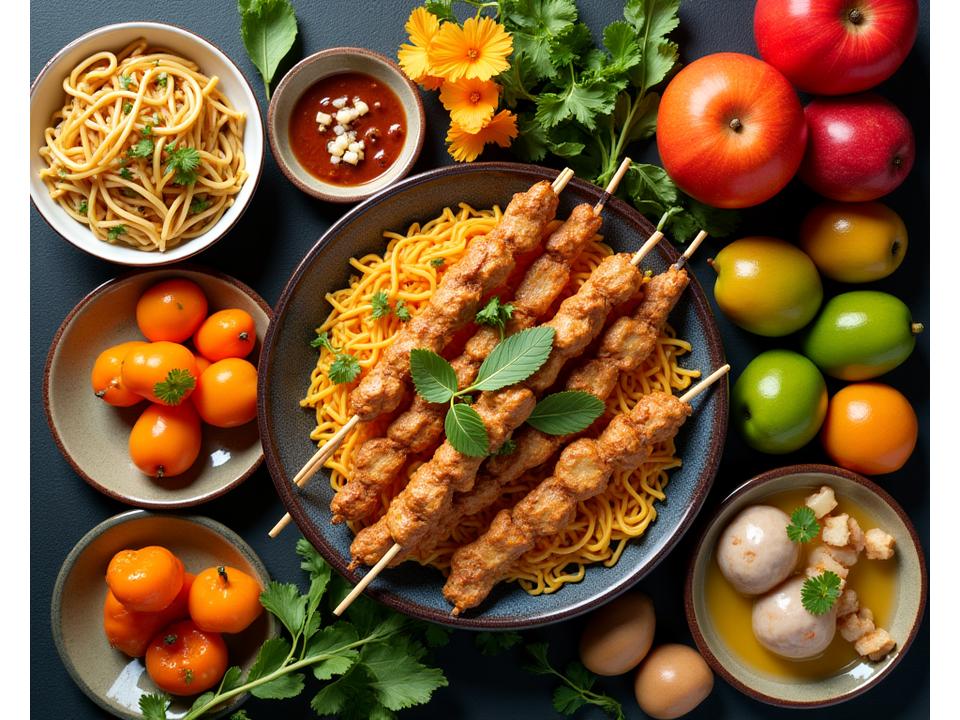 Variety of vibrant Southeast Asian street food