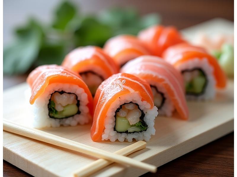 Perfectly rolled sushi pieces with chopsticks