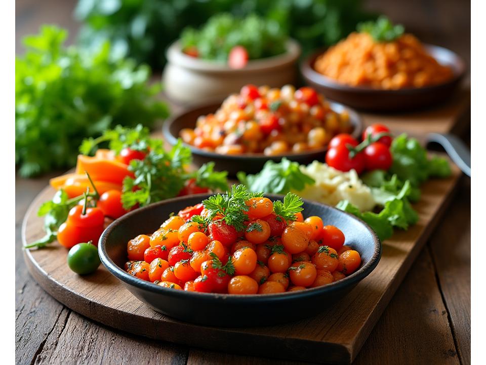 Vibrant and fresh vegetarian dishes on a rustic table